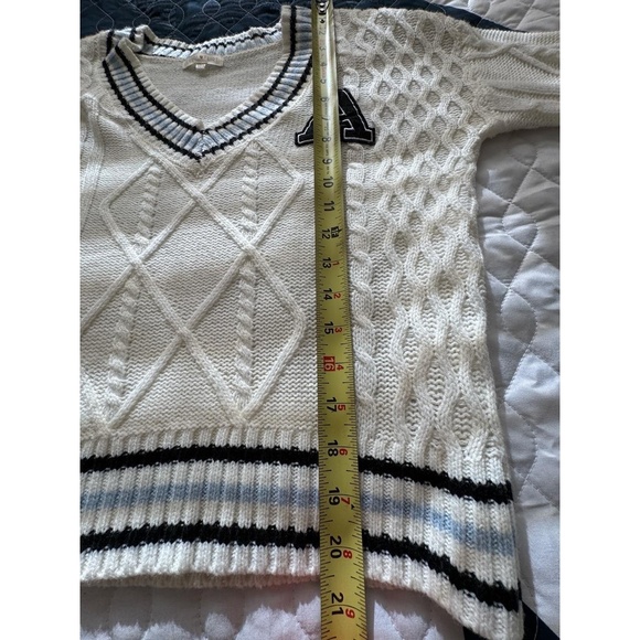 Ultra Flirt Cream Cable Knit Varsity Sweater with Black “A” Patch - Picture 6 of 6